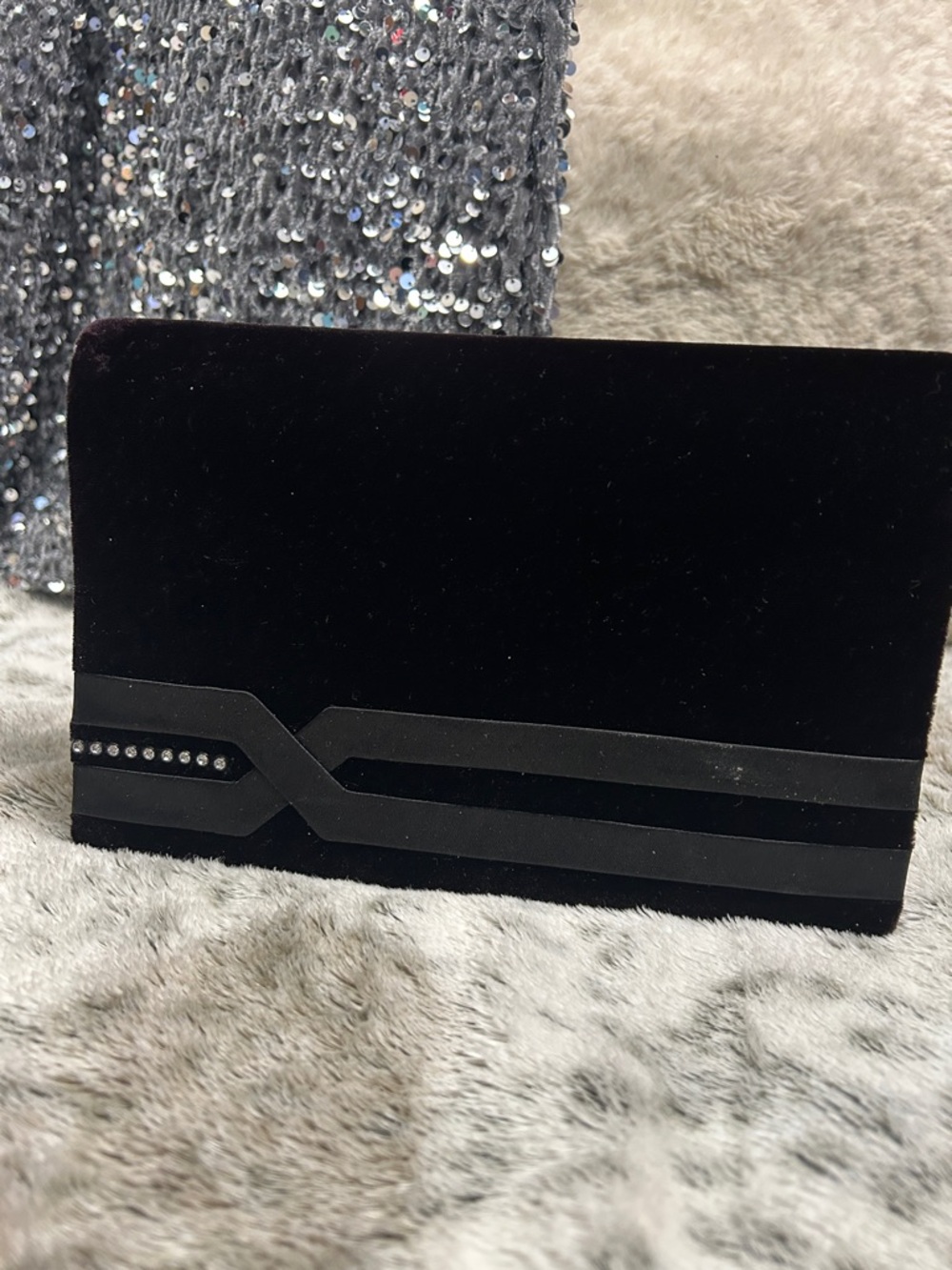 NWOT Vintage Black Velvet Evening Clutch Ribbon Diamanté Detail woven chordstrap